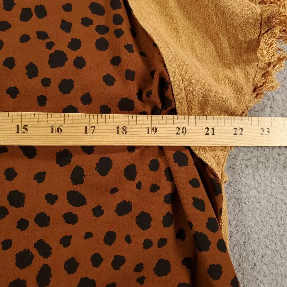 Umgee Blouse Womens Large Brown Linen Blend Raw Hem Cheetah Leopard Animal Print - Picture 4 of 10